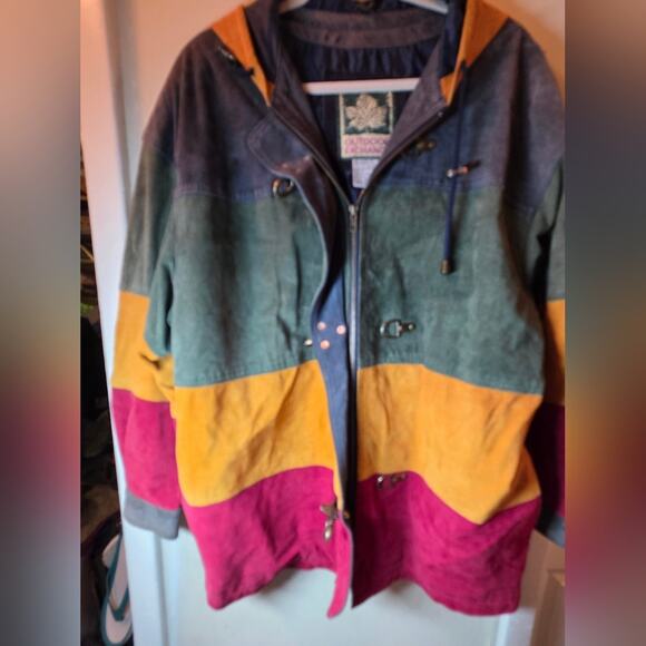 Vtg 90s Y2K Colorblock Stripped Leather Trench Coat Hood Outdoor Exchange L Read - Picture 13 of 15